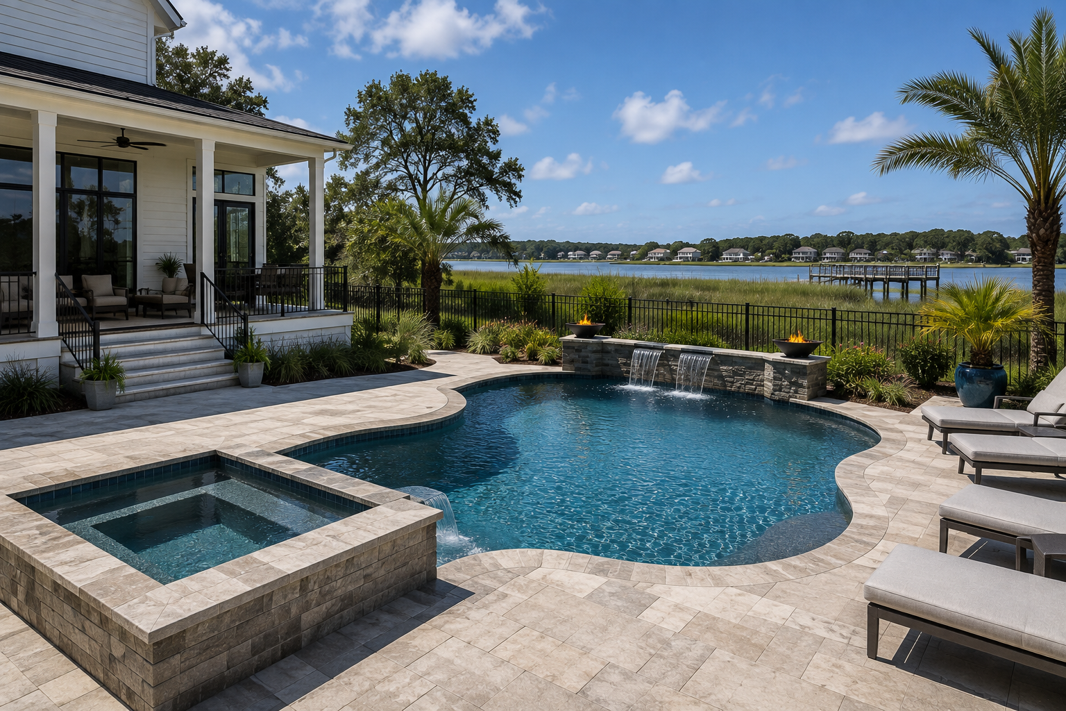 Custom concrete pool with freeform shape and integrated features